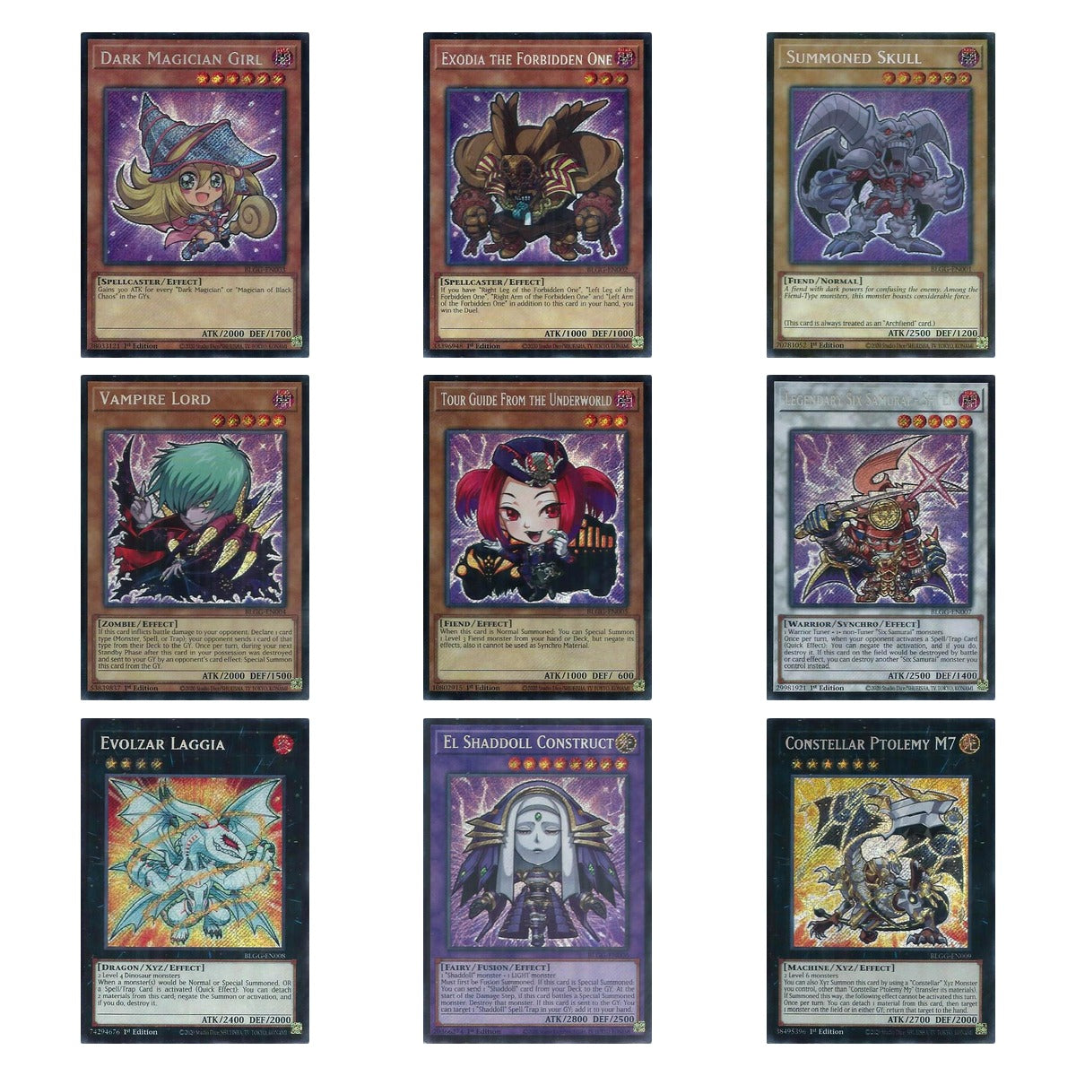 Battles of Legend: Glorious Gallery chibi variant art cards: Dark Magician Girl, Exodia, Summoned Skull, Vampire Lord, Tour Guide, Shi En, Evolzar Laggia, El Shaddoll Construct, Constellar Ptolemy M7